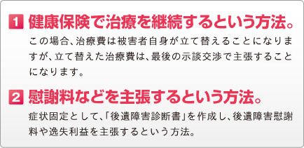 １.健康保険で治療を継続するという方法。この場合、治療費は被害者自身が立て替えることになりますが、立て替えた治療費は、最後の示談交渉で主張することになります。２．慰謝料などを主張するという方法。症状固定として、「後遺障害診断書」を作成し、後遺障害慰謝料や逸失利益を主張するという方法。