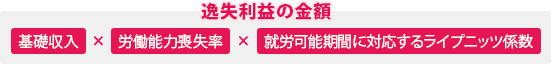 逸失利益の金額：基礎収入×労働能力喪失率×就労可能期間に対応するライプニッツ係数