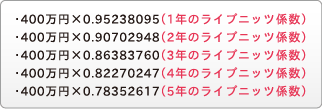 ・400万円×0.95238095（1年のライプニッツ係数）・400万円×0.90702948（2年のライプニッツ係数）・400万円×0.86383760（3年のライプニッツ係数）・400万円×0.82270247（4年のライプニッツ係数）・400万円×0.78352617（5年のライプニッツ係数）