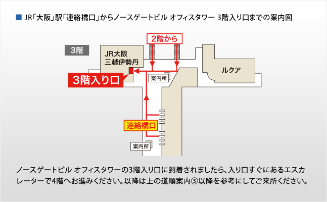 ノースゲートビル オフィスタワーの3階入り口に到着されましたら、入り口すぐにあるエスカレーターで4階へお進みください。以降は上の道順案内3以降を参考にしてご来所ください。